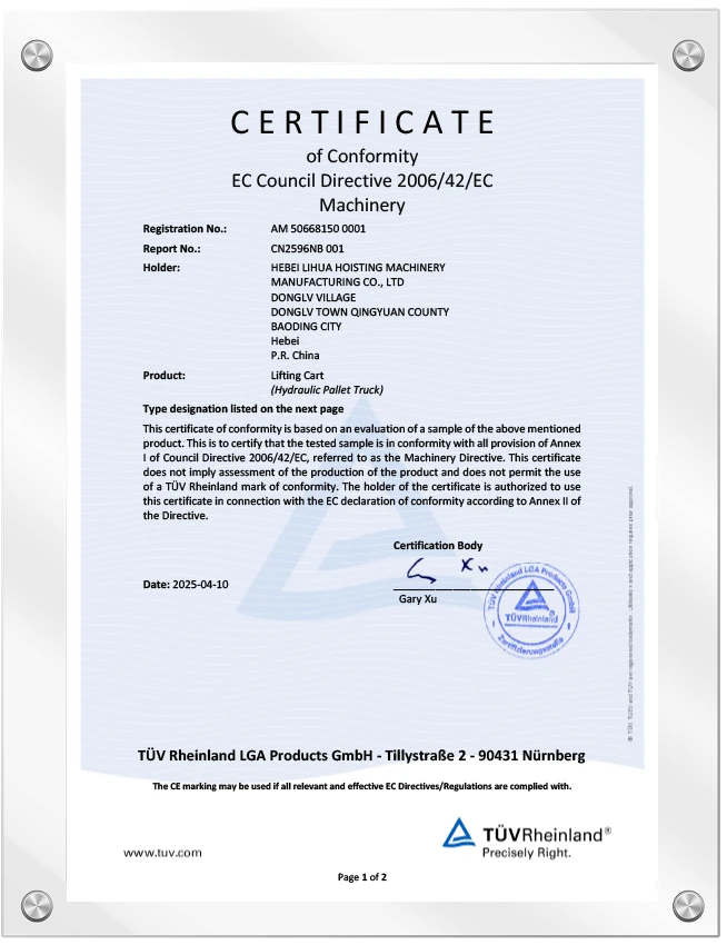 Certificado CE de transpaleta
